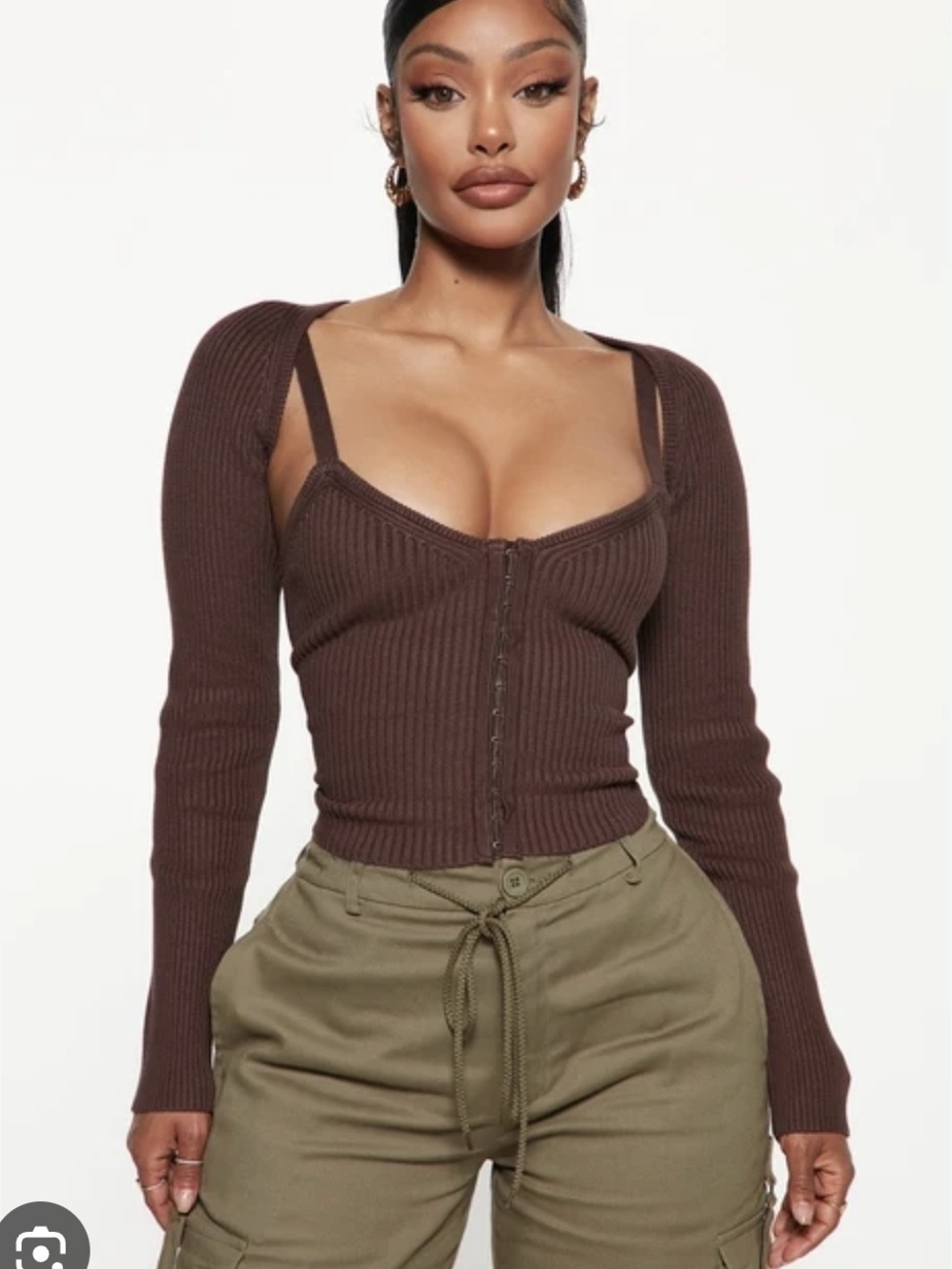 Ribbed Hook-and-Eye Crop Top in Chocolate Brown